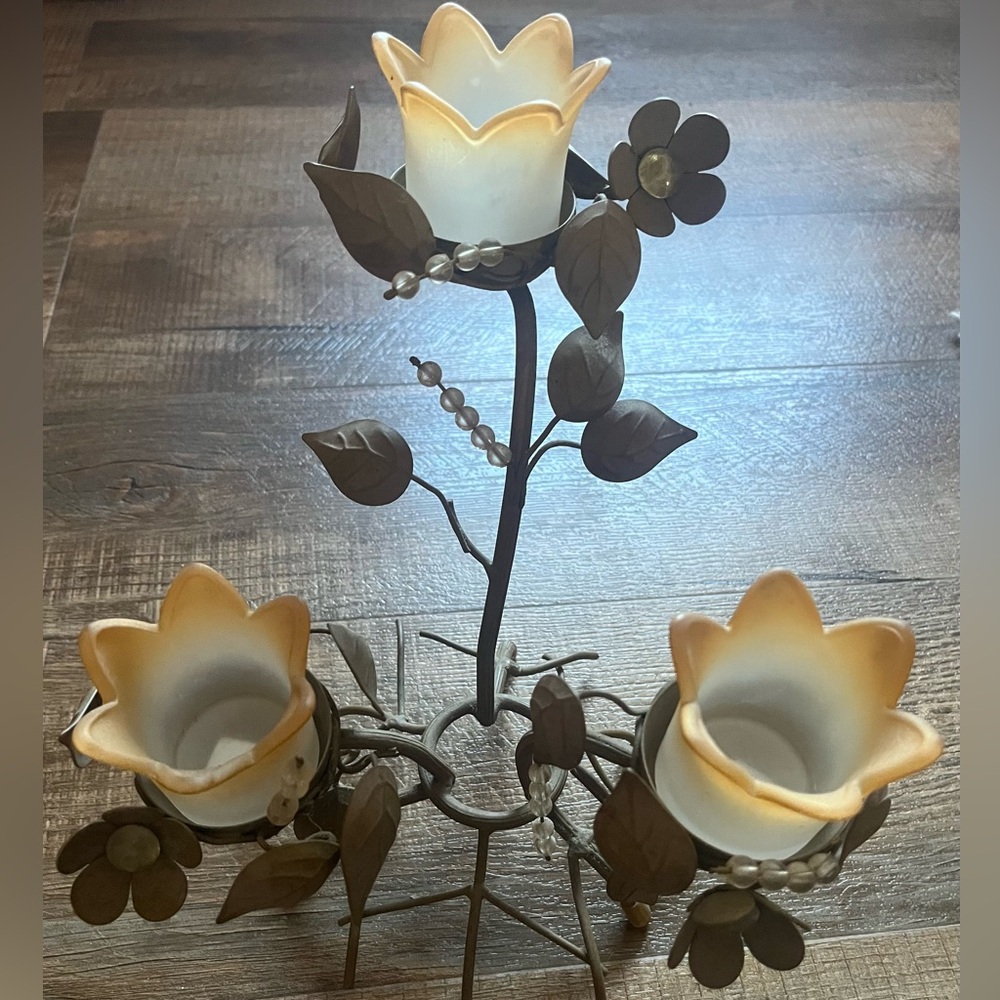 PartyLite Floral Candle Holder with Cream and Brown Accents - Picture 2 of 15
